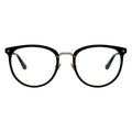 A pair of oval eyeglasses with a black frame.