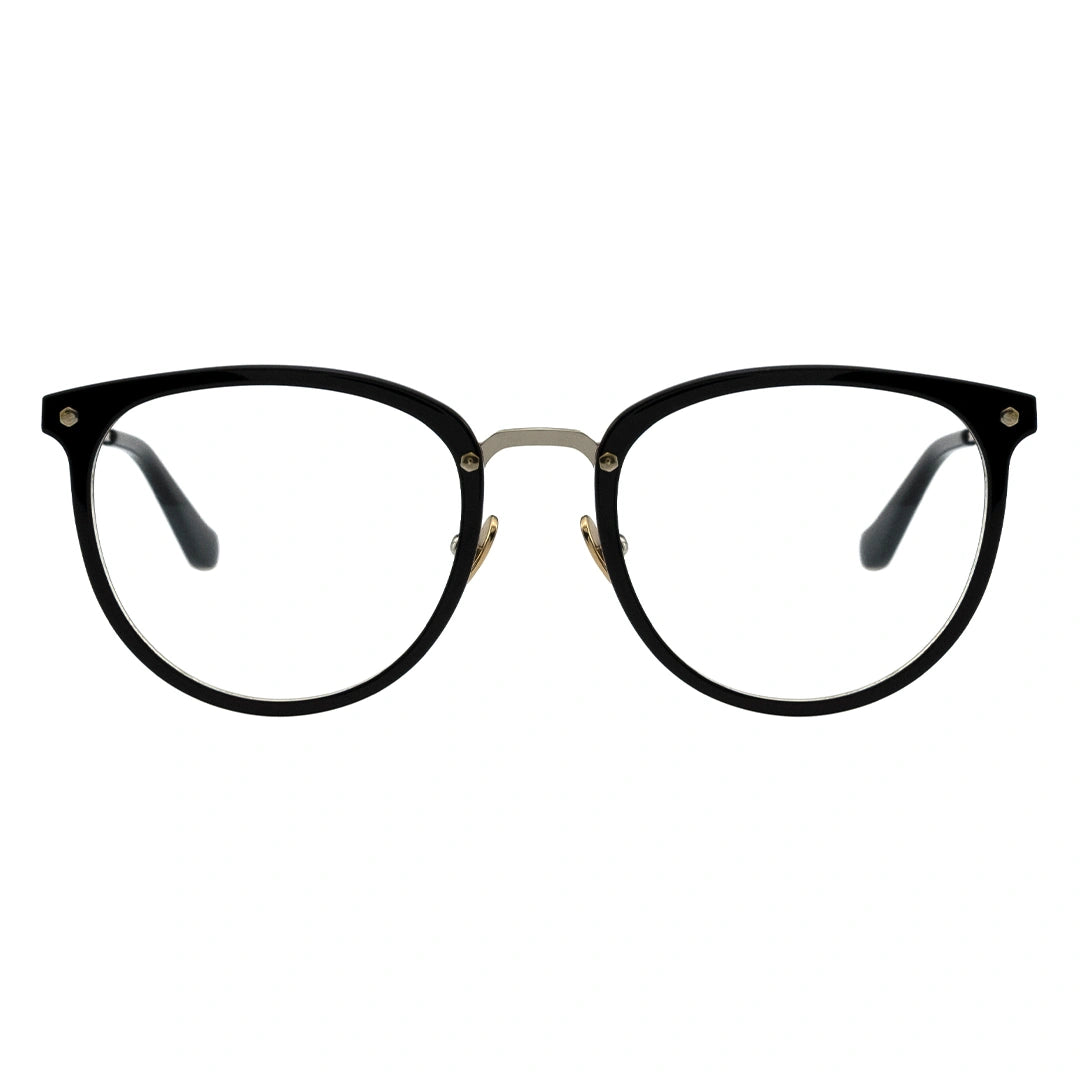 A pair of oval eyeglasses with a black frame.
