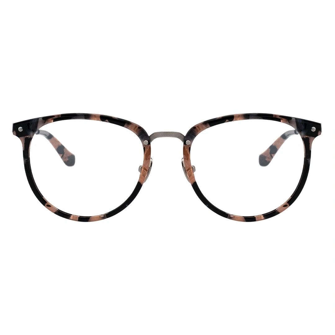 A pair of oval eyeglasses with tortoise-pattern frames