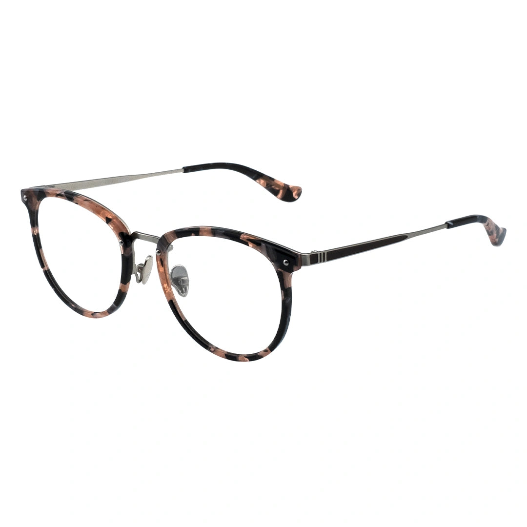 A pair of oval eyeglasses with a tortoise patterned frame and transparent lenses, featuring a metallic browline.