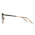 A pair of oval eyeglasses with gold and black temples