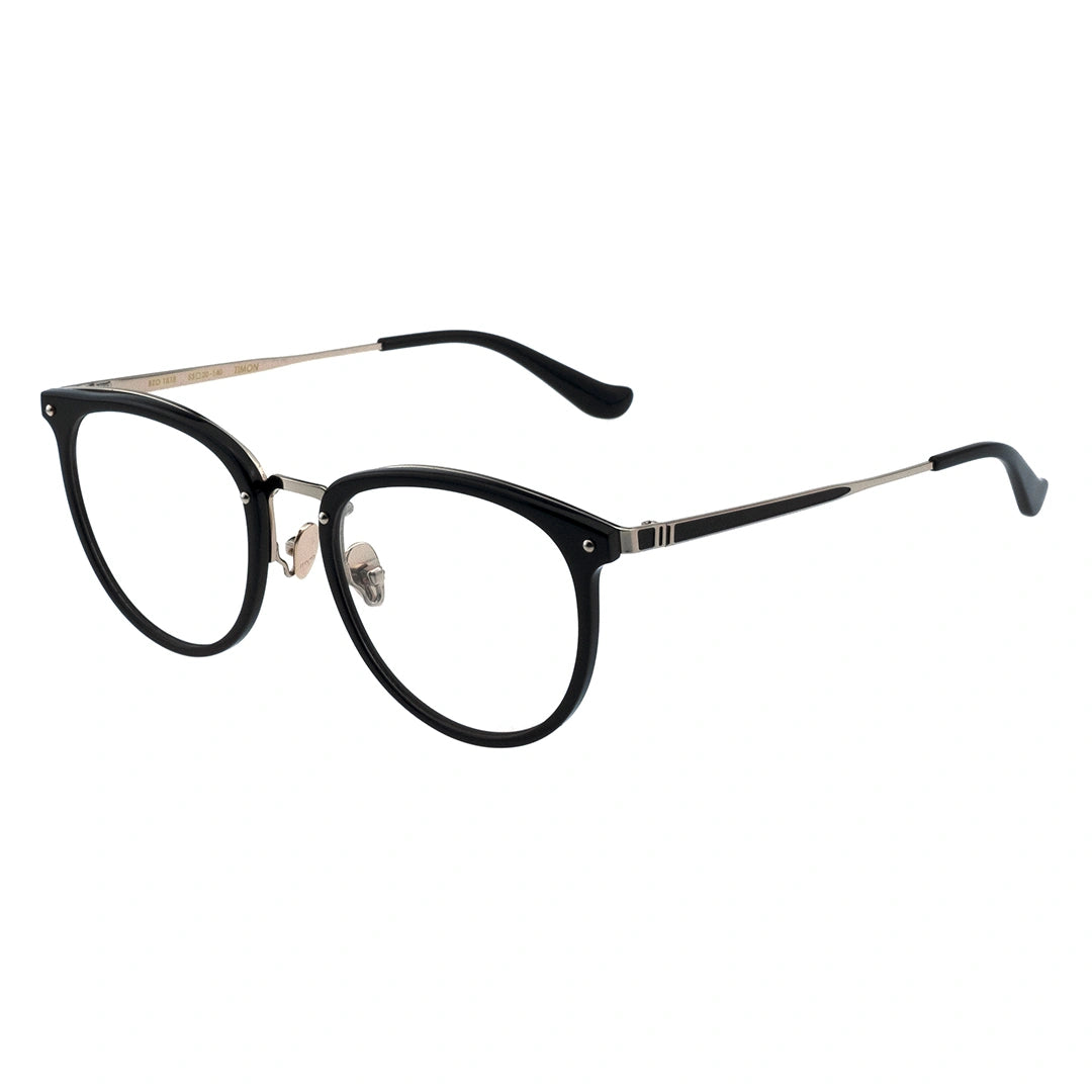 A pair of oval eyeglasses with a black frame.