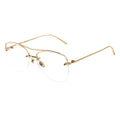 A pair of browline eyeglasses with a gold temple and half-rimless