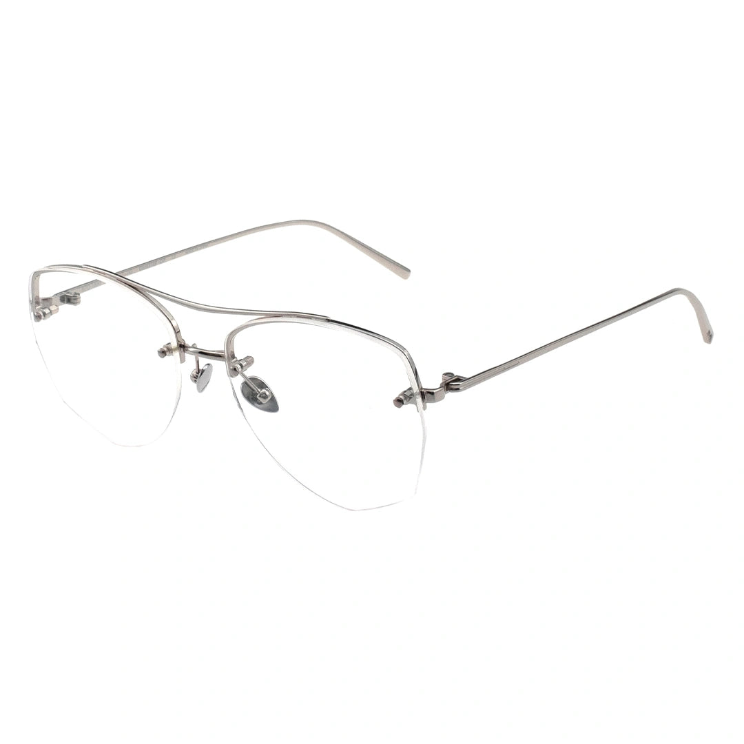 A pair of browline eyeglasses with a gold temple and half-rimless