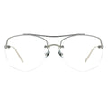 A pair of browline eyeglasses with a silver temple and half-rimless