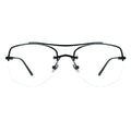 A pair of browline eyeglasses with a black temple and half-rimless
