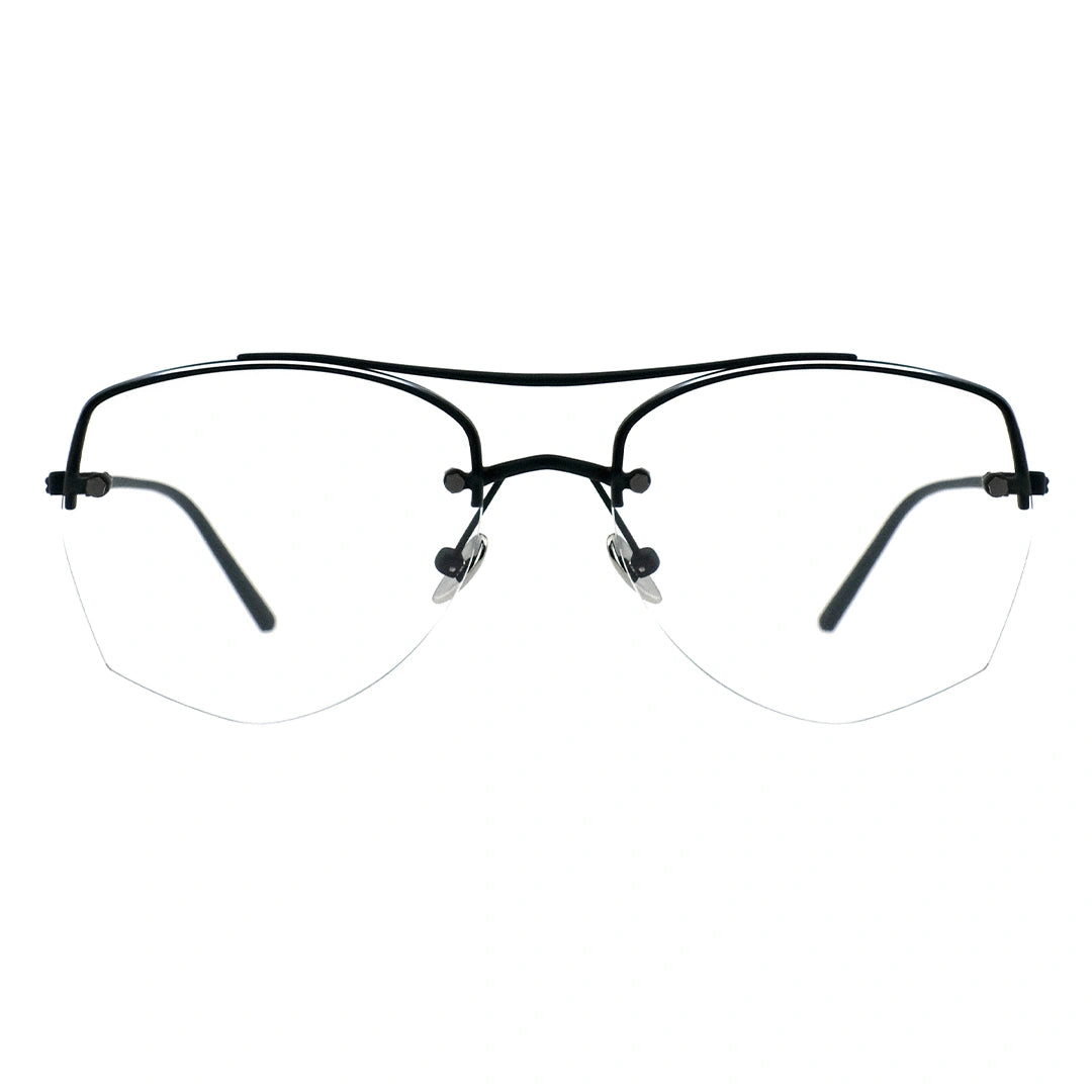 A pair of browline eyeglasses with a black temple and half-rimless