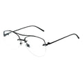 A pair of browline eyeglasses with a black temple and half-rimless