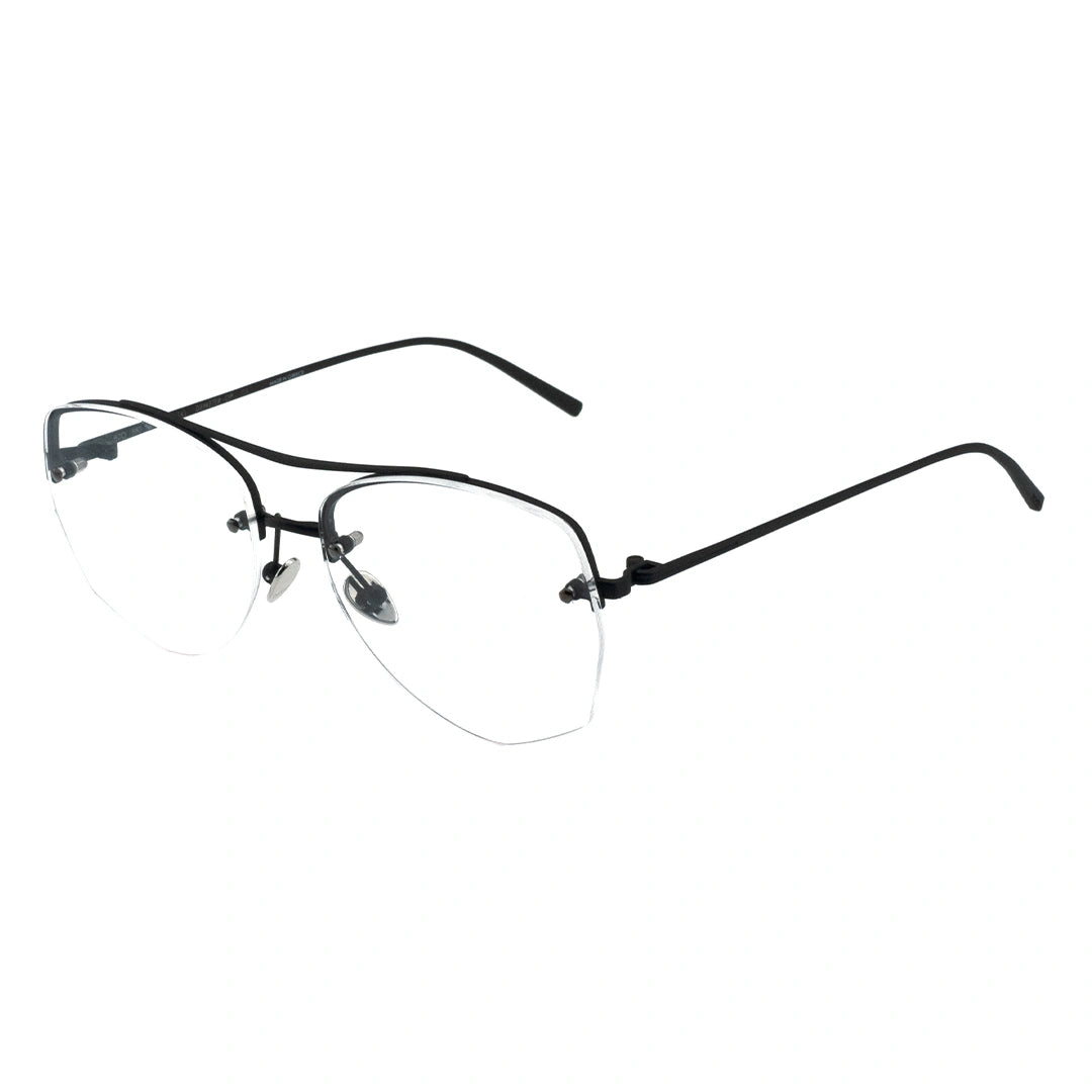 A pair of browline eyeglasses with a black temple and half-rimless