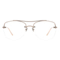 A pair of browline eyeglasses with a rose gold temple and half-rimless
