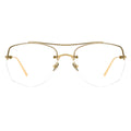 A pair of browline eyeglasses with a gold temple and half-rimless