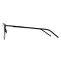 A pair of oval eyeglasses with a sleek frame design, featuring a blend of black and gold metal.