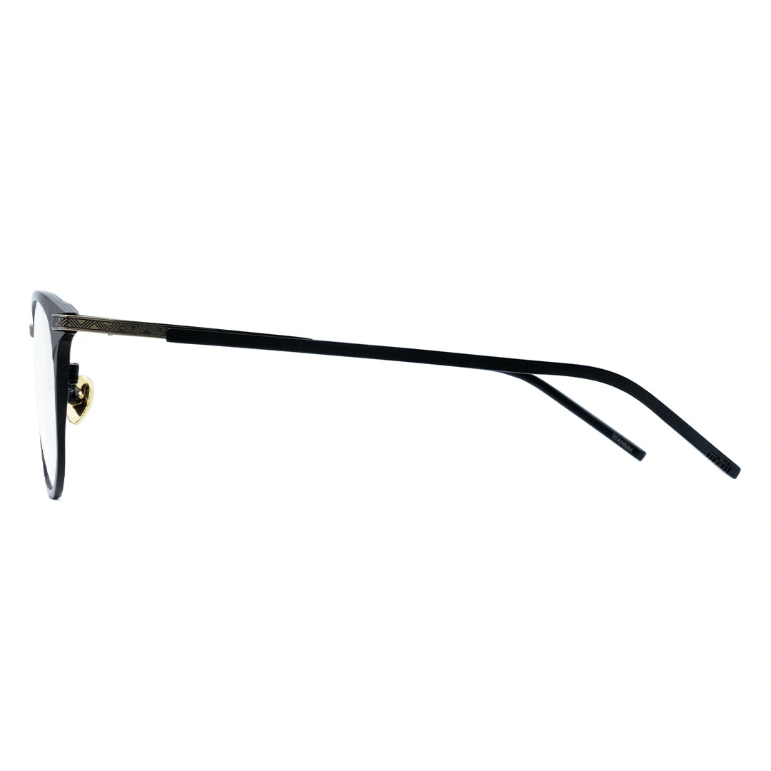 A pair of oval eyeglasses with a sleek frame design, featuring a blend of black and gold metal.