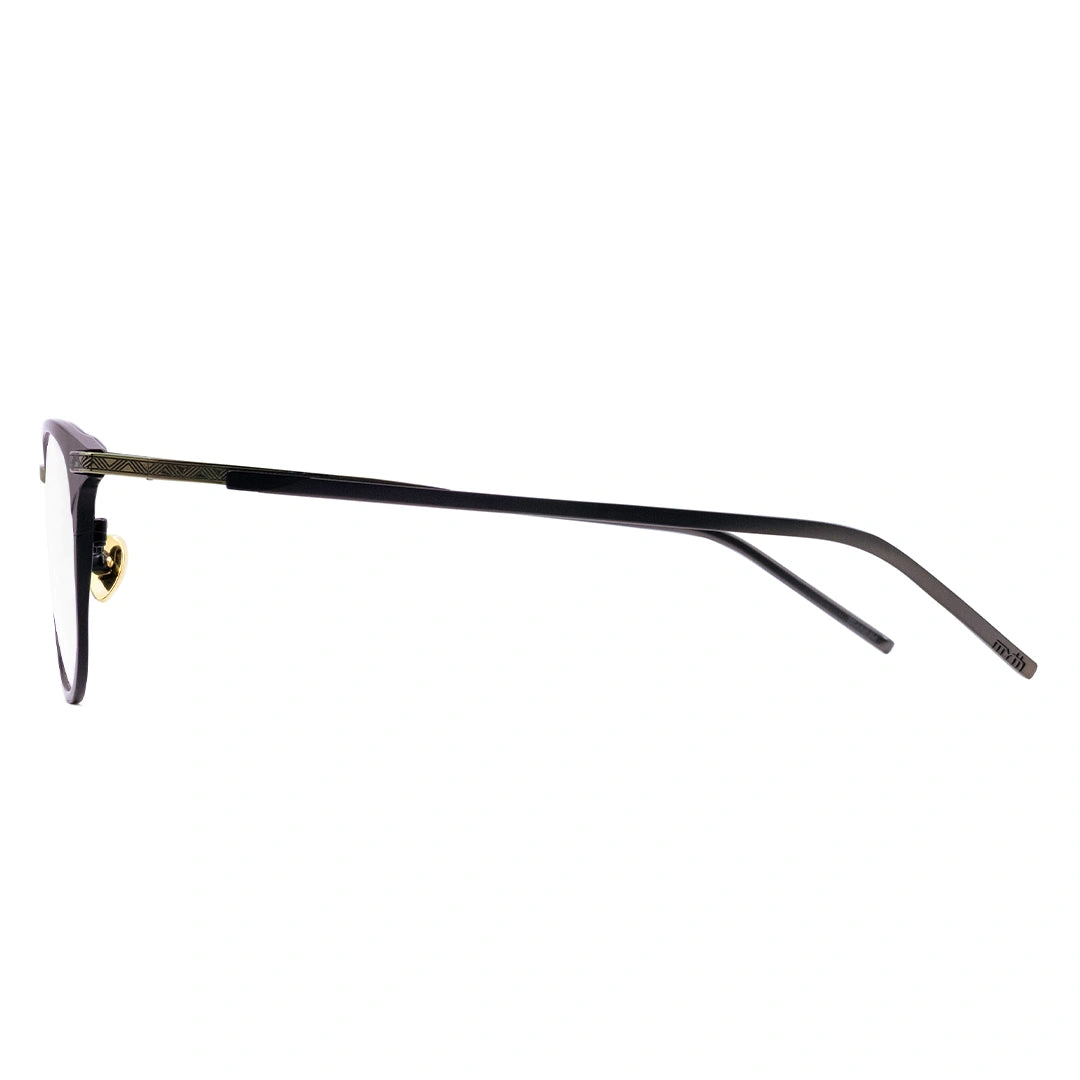 A pair of oval eyeglasses with a sleek frame design, featuring a blend of brown and gold metal.