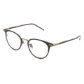 A pair of oval eyeglasses with a sleek frame design, featuring a blend of brown and gold metal.