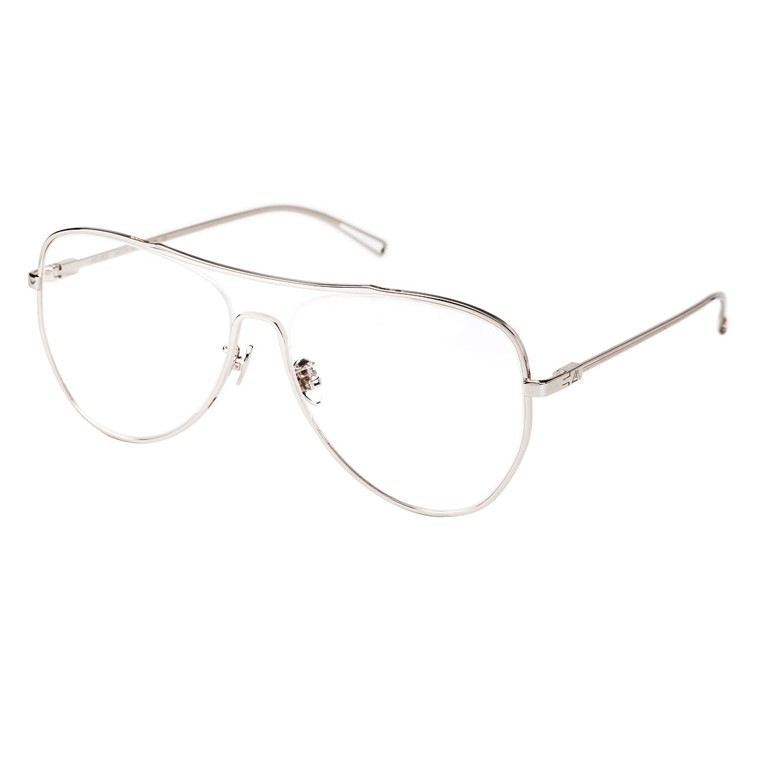 A pair of MYTH OPTICAL AIKTON eyeglasses with a sleek design, featuring a metallic frame and transparent lenses.