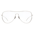 A pair of aviator-style eyeglasses with a silver frame, as seen from the front.