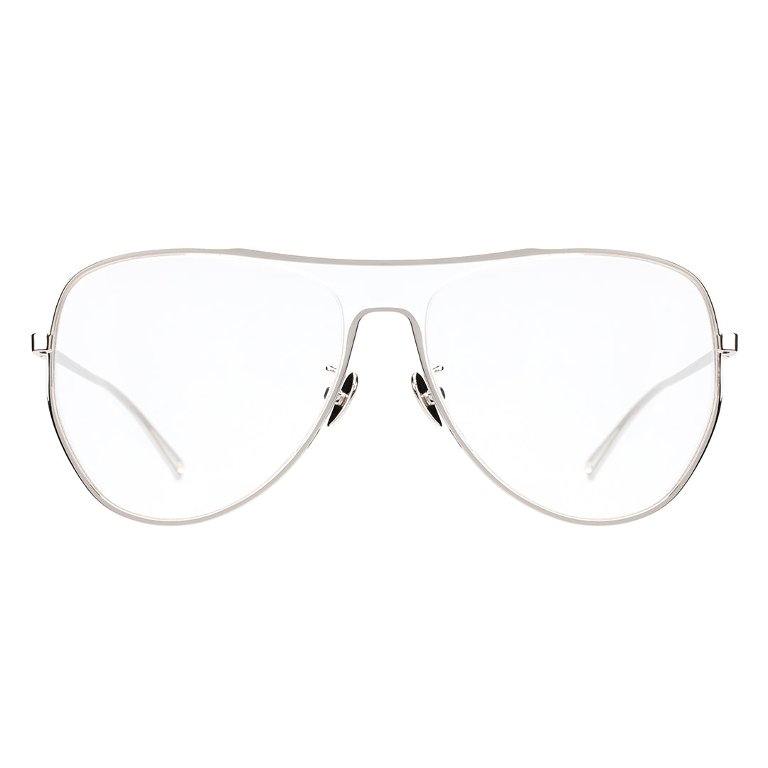 A pair of aviator-style eyeglasses with a silver frame, as seen from the front.