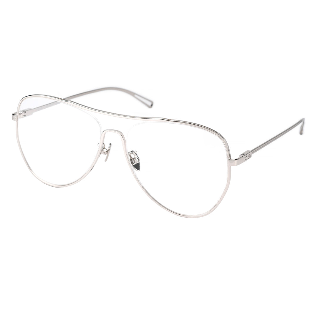 A pair of MYTH OPTICAL AIKTON eyeglasses with a sleek design, featuring a metallic and oversized frame.
