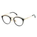 A pair of round eyeglasses with a browline design, featuring gold and black frames.