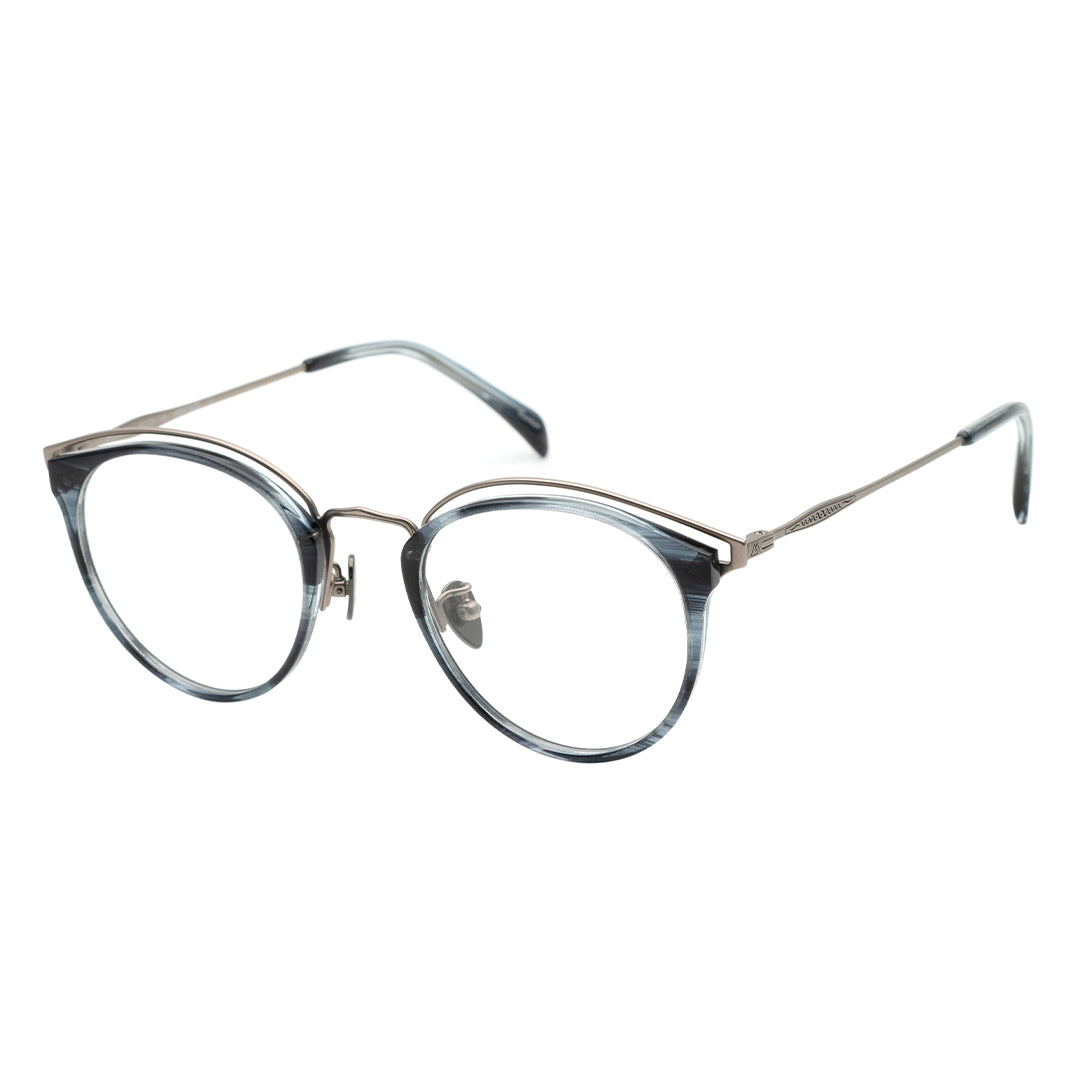 A pair of round eyeglasses with a browline design