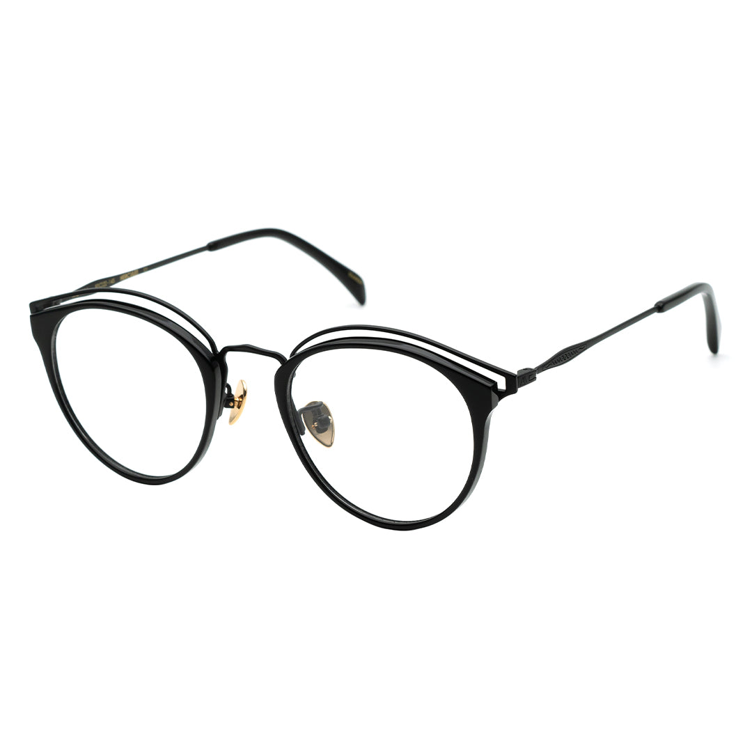 A pair of round eyeglasses with a browline design, featuring gold and black frames.