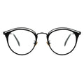A pair of round full frame glasses with a browline design, featuring a black frame with gold accents.