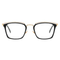 browline rectangular eyeglasses with black and gold frame