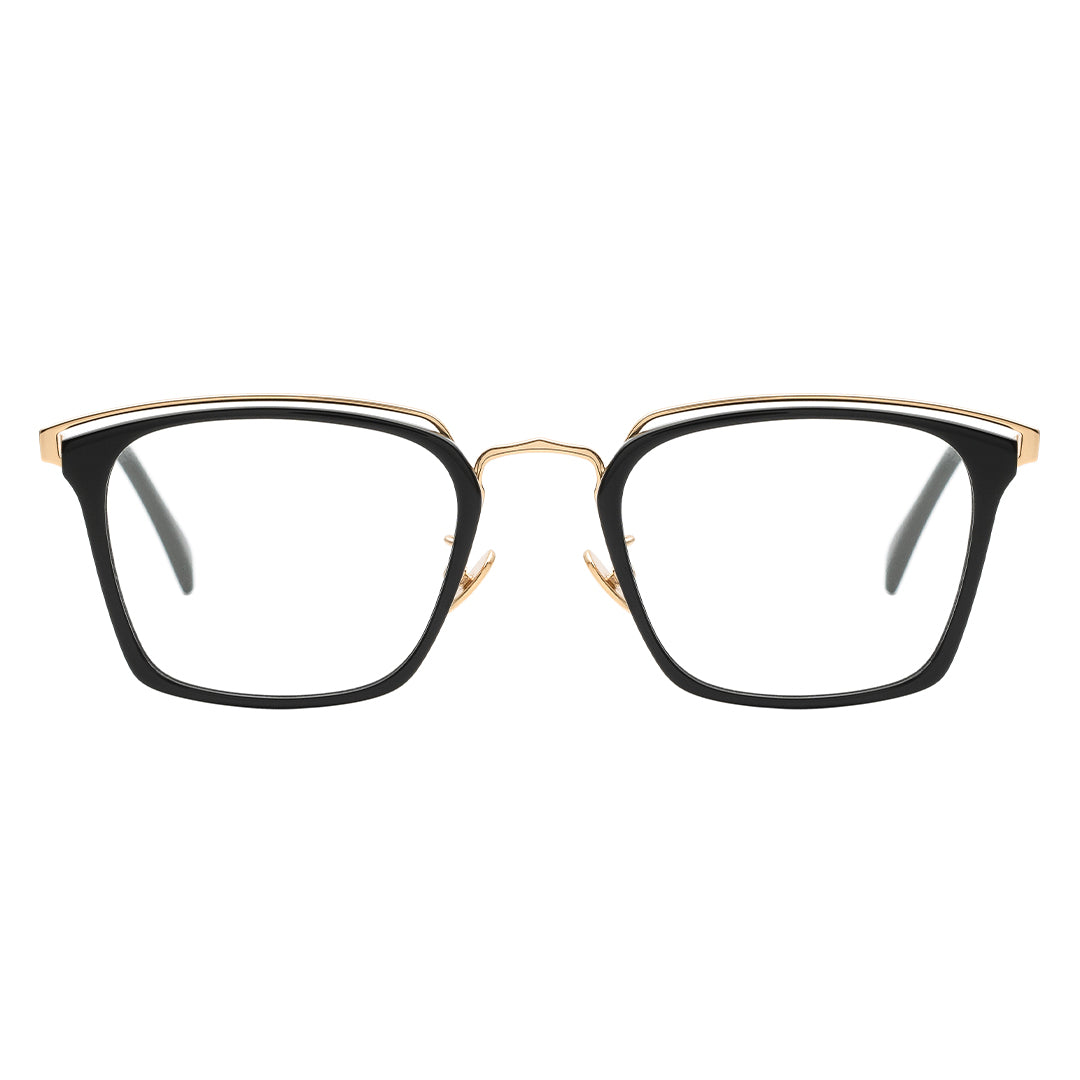 browline rectangular eyeglasses with black and gold frame