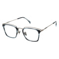 A pair of rectangular eyeglasses with a browline design, featuring a blue black frame and transparent lenses.