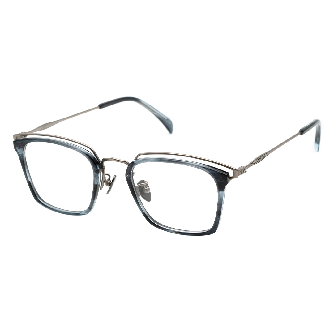 A pair of rectangular eyeglasses with a browline design, featuring a blue black frame and transparent lenses.