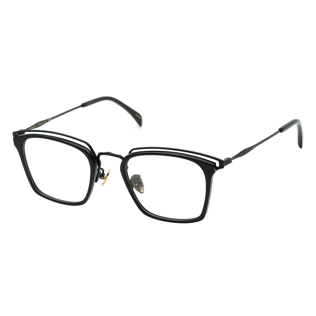 A pair of rectangular eyeglasses with a browline design, featuring a black frame and transparent lenses.