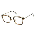 A pair of rectangular eyeglasses with a browline design, featuring a tortoise frame and transparent lenses.