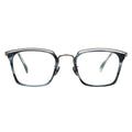 A pair of rectangular eyeglasses with a browline design, featuring a blue frame and transparent lenses.