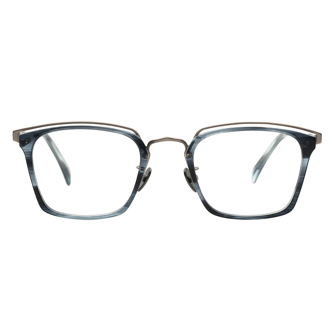 A pair of rectangular eyeglasses with a browline design, featuring a blue frame and transparent lenses.