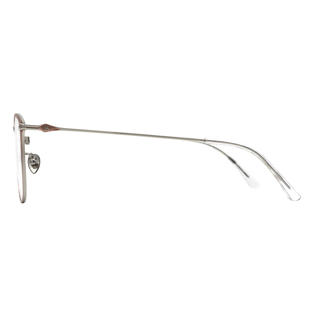A pair of square eyeglasses with silver temples.