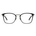 A pair of square eyeglasses with a black frame, silver temples.