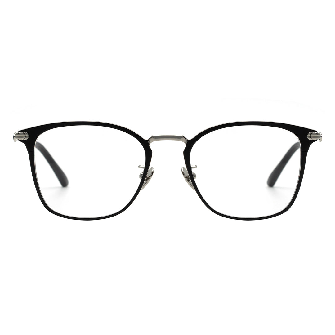 A pair of square eyeglasses with a black frame, silver temples.