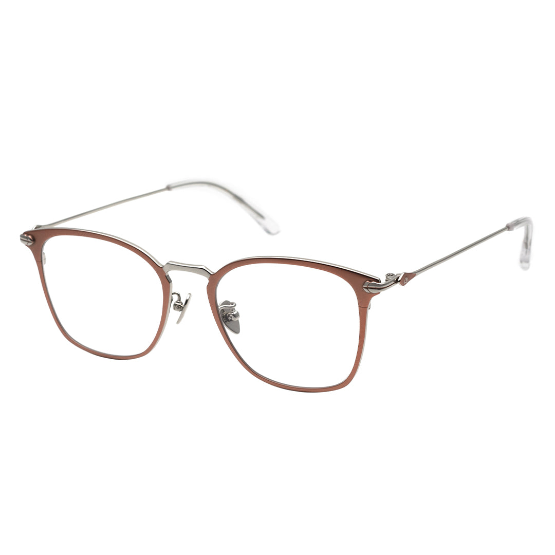 A pair of square eyeglasses with a brown and reddish frame, silver temples.