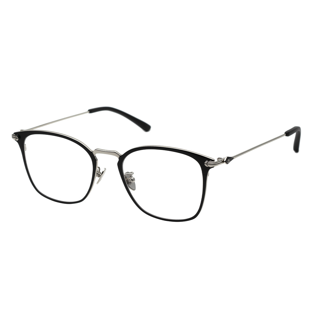 A pair of square eyeglasses with a black frame, silver temples.
