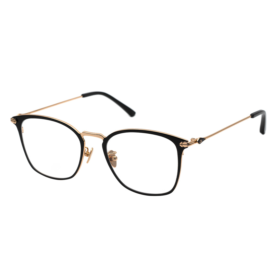 A pair of square eyeglasses with a black frame, gold temples.