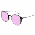 A pair of round sunglasses with a black frame, silver metal temples, and pink lenses.
