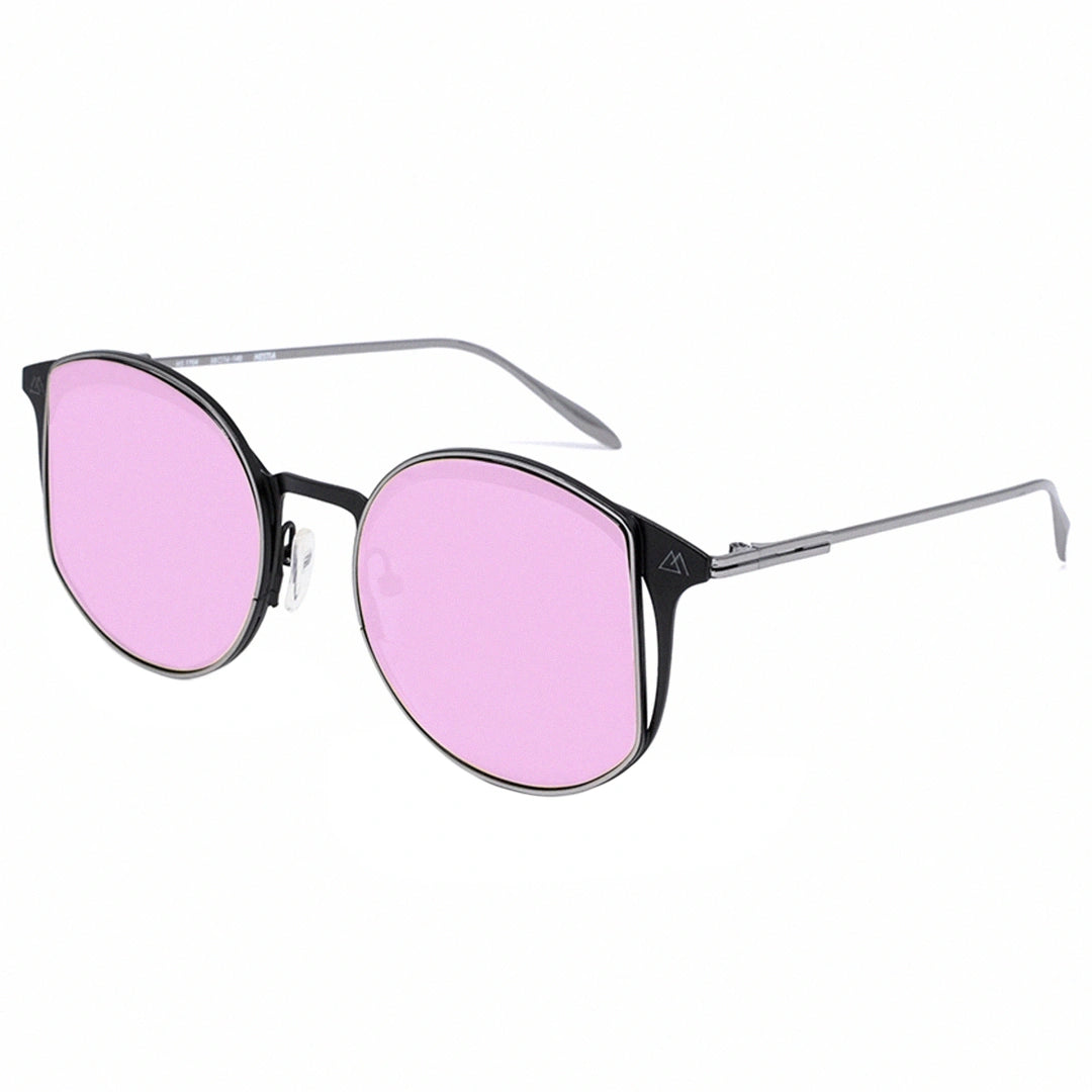 A pair of round sunglasses with a black frame, silver metal temples, and pink lenses.