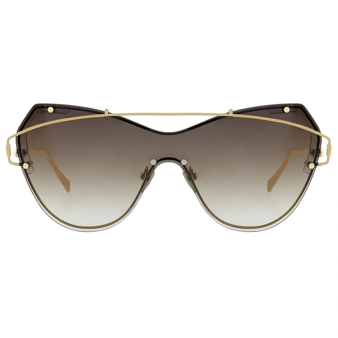 brown gradient sunglasses futuristic one-piece gold frame, oversized cat eye sunglasses