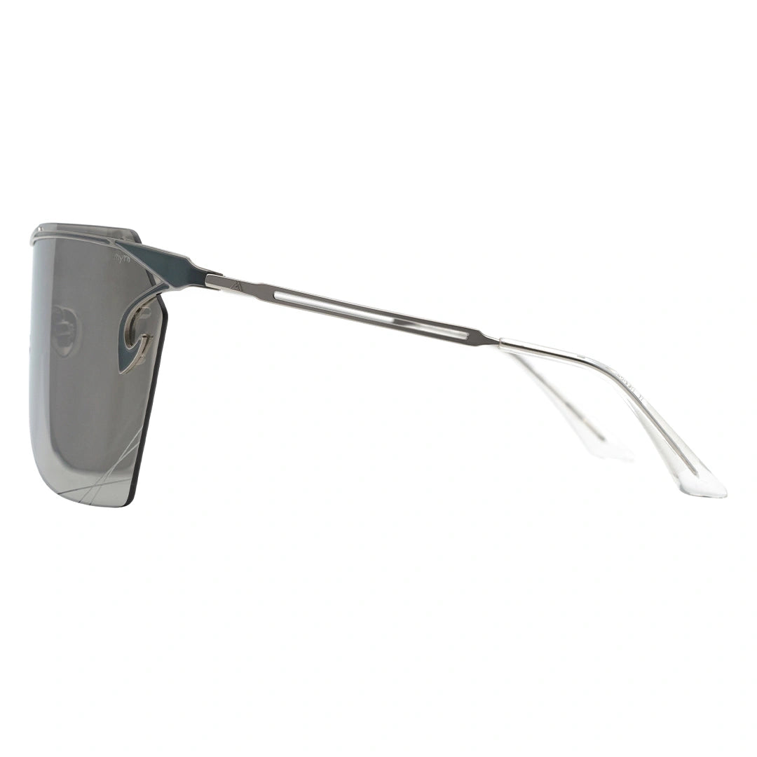 MYTH GREECE T4 INDUSTRY silver y2k sunglasses, one piece futuristic sunglasses light grey curved lens metal frame with adjustable nose pad womens and mens sleek and chic future sunglasses oversized for full uv protection