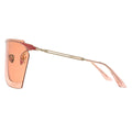 These sunglasses feature a sleek rose gold metal frame paired with oversized shield-style lenses in a warm coral or peach-pink tint, giving off a modern, feminine, and fashion-forward vibe. one-piece futuristic sunglasses