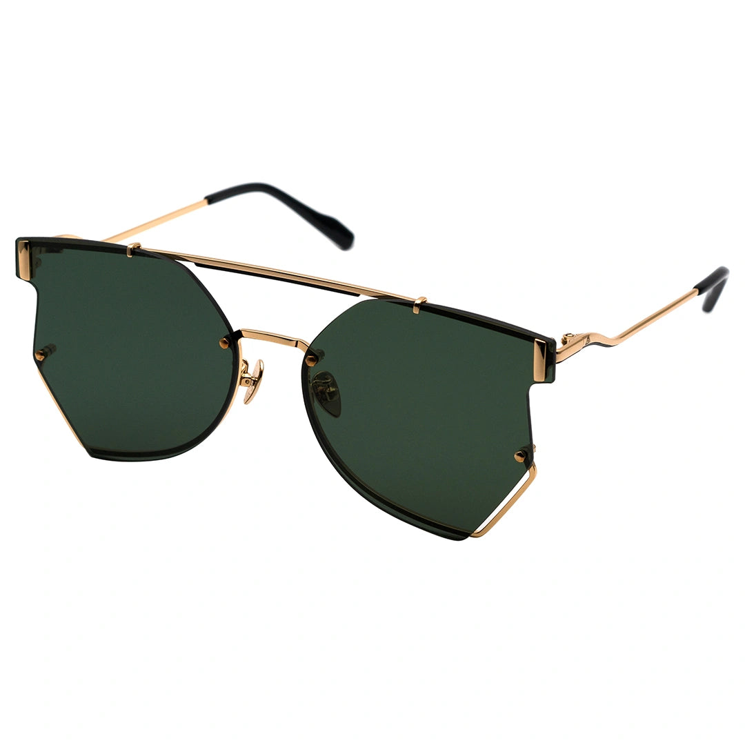 MYTH GREECE GLEAM geometric deep green sunglasses double bridge thin gold metal frame sunglasses in avant-garde sleek look mens and womens male and female