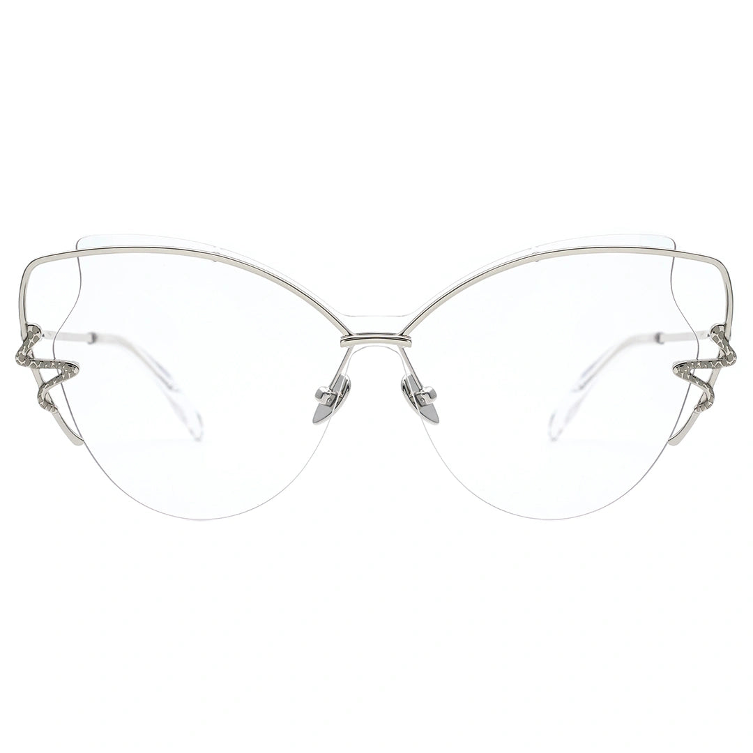 MYTH Greece retro cat eye sunglasses. Womens laides transparent retro 70s butterfly shape sunglasses with snake shape rim decoration. thin  silver metal frame, elegant vibe