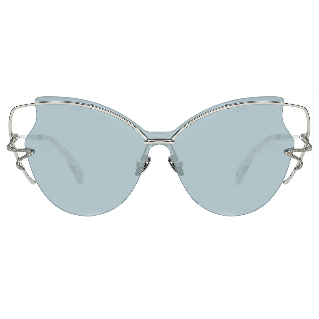 MYTH Greece retro cat eye sunglasses. Womens laides light grey retro 70s butterfly shape sunglasses with snake shape rim decoration. thin  silver metal frame, elegant vibe