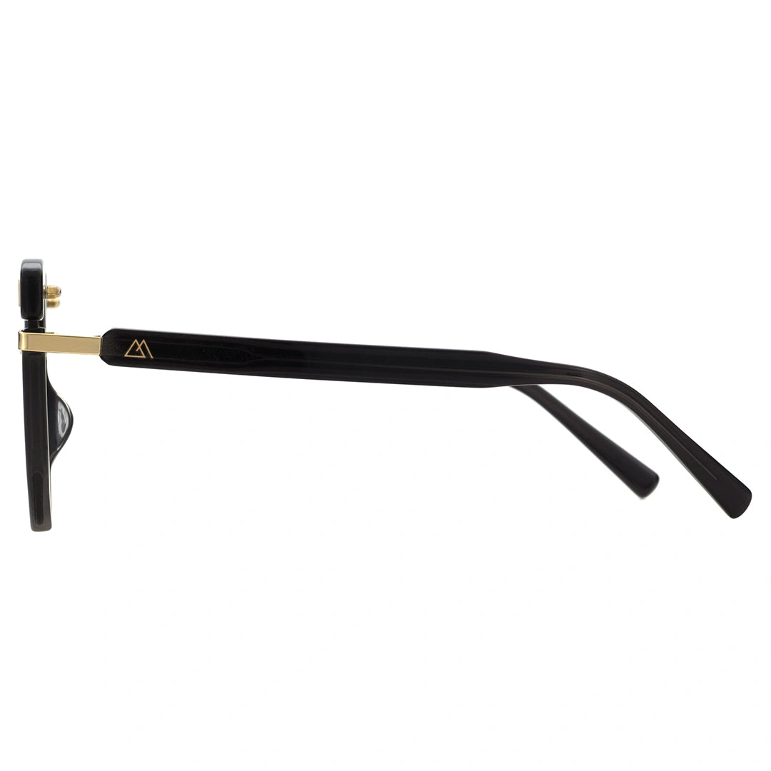 A pair of geometric sunglasses with a sleek design. The frames appear to be black with gold accents, and they have dark lenses.